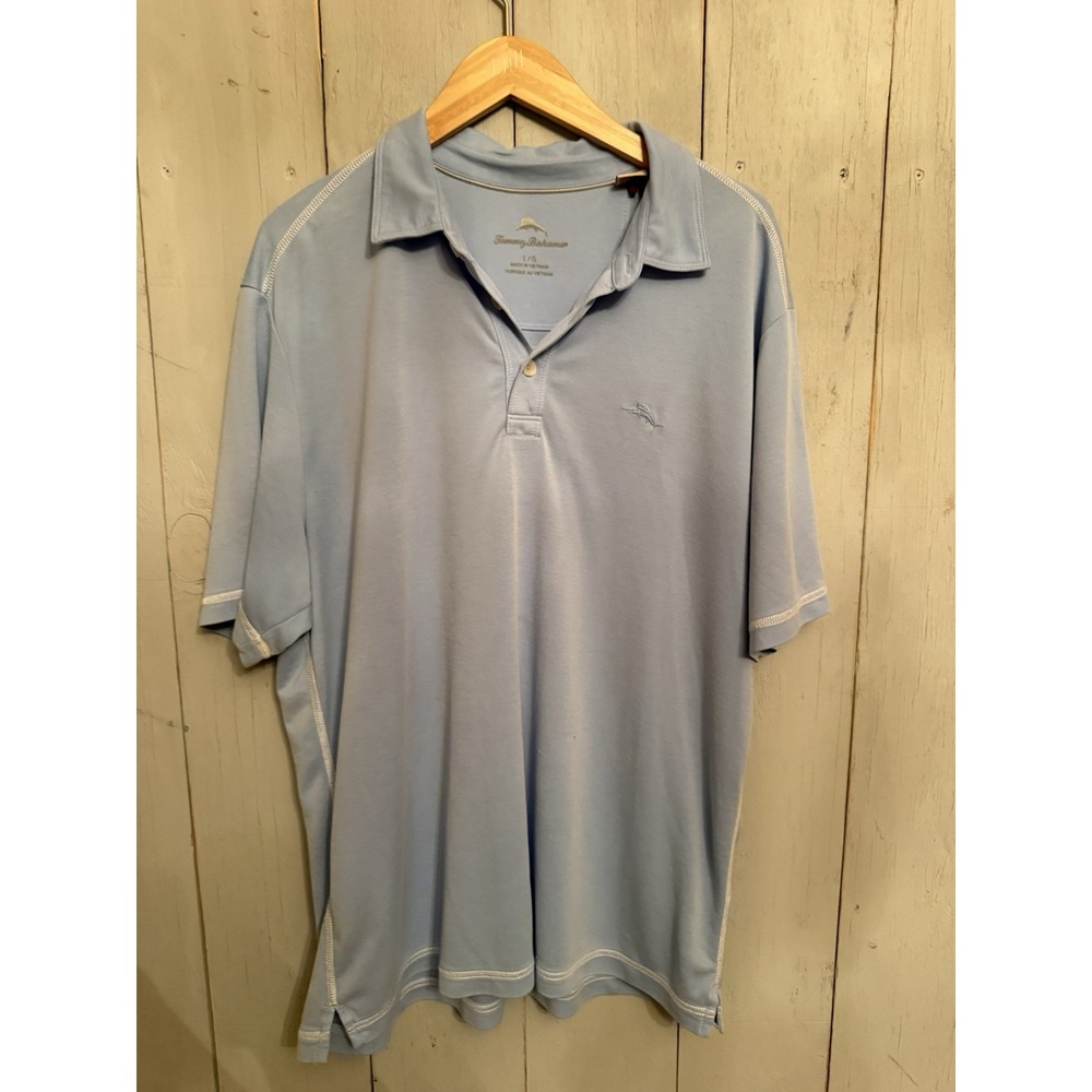 Tommy Bahama Polo Shirt Lg Mens modal Knit Blue Solid Marlin Logo Golf Rugby